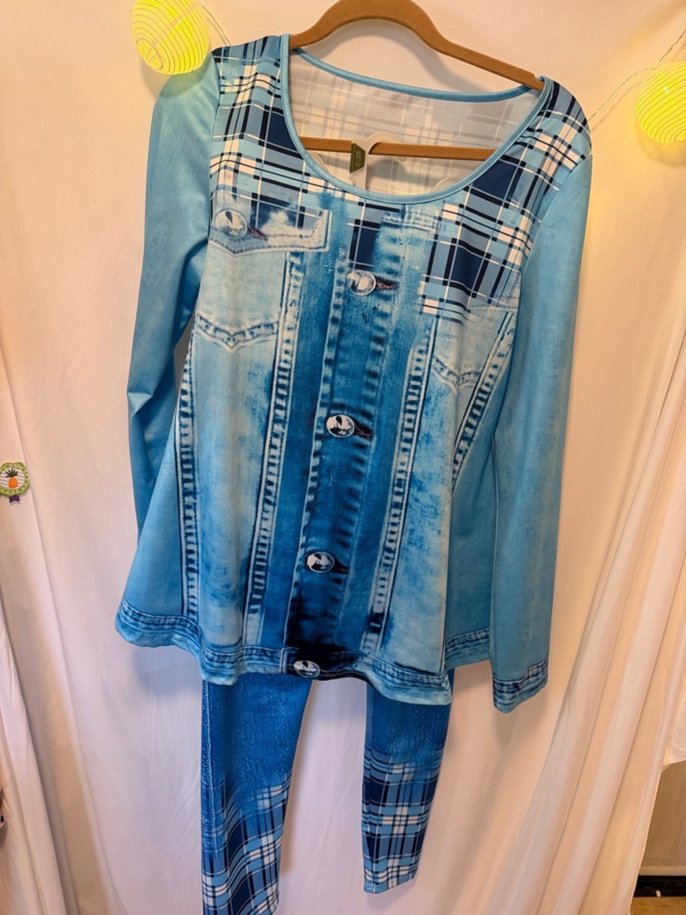 Blue Plaid Print Leggings & Top Set - Women